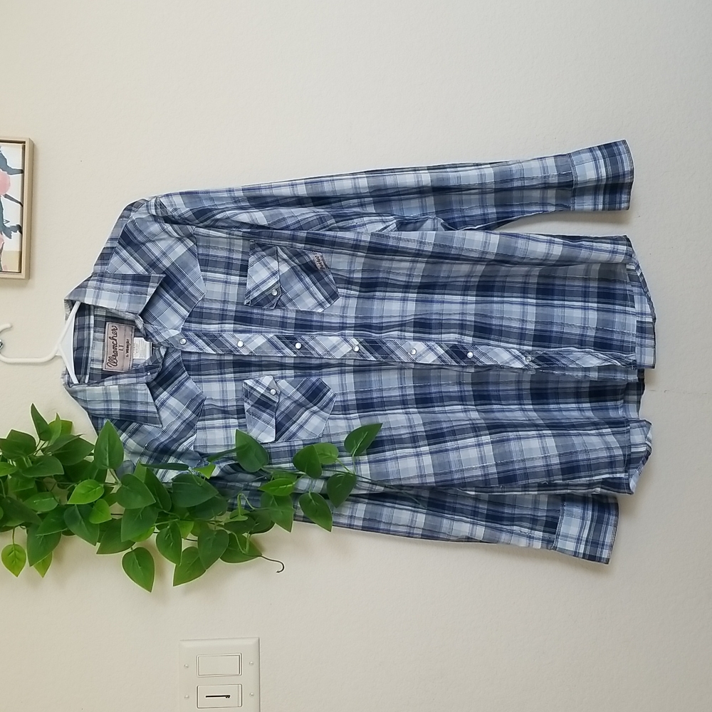 Large Tall Wrancher Wrangler Button Down Shirt, Blue Plaid